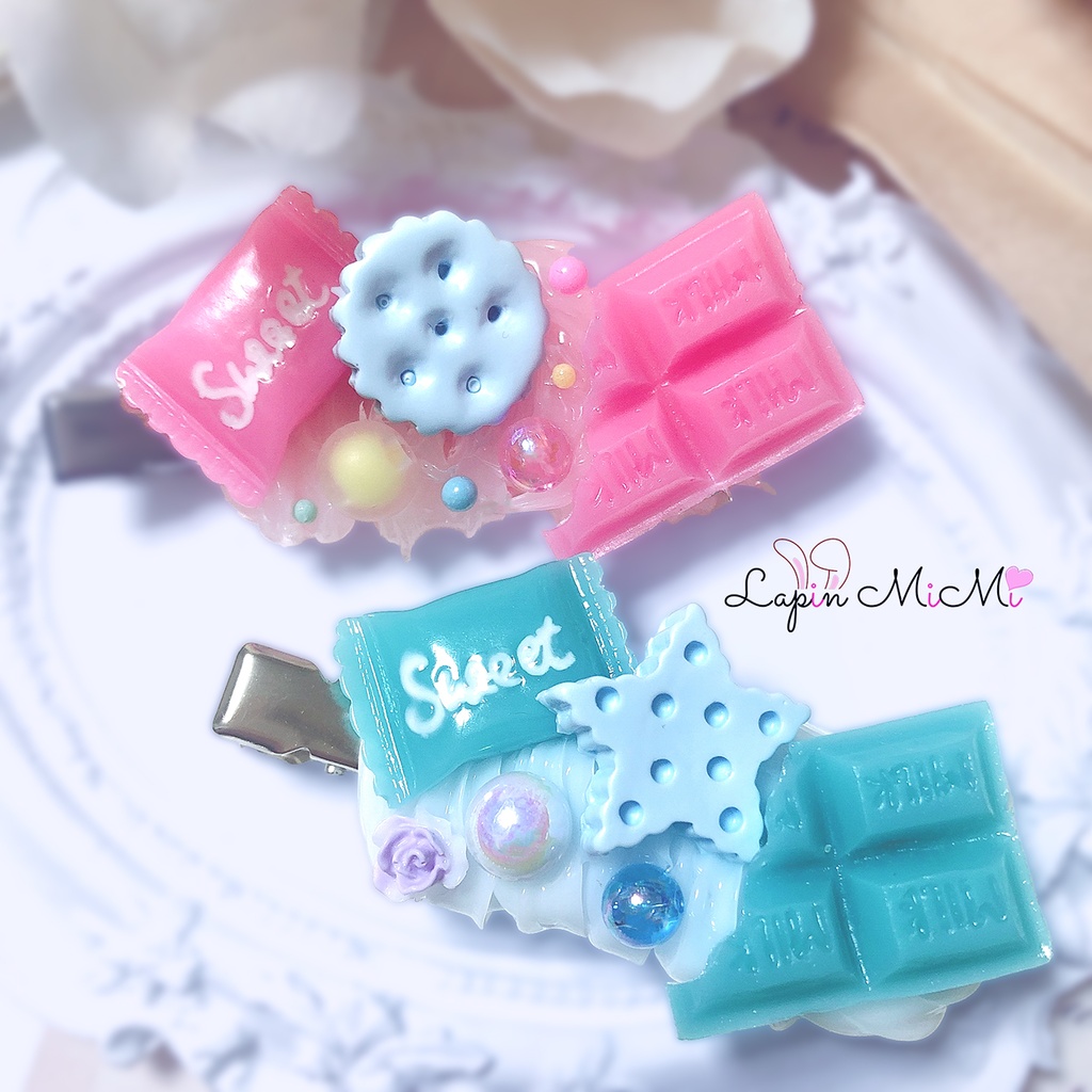 クリア ホイップデコ お菓子 チョコ VD ピンク 水色 ヘアクリップ 2点セット ハンドメイド