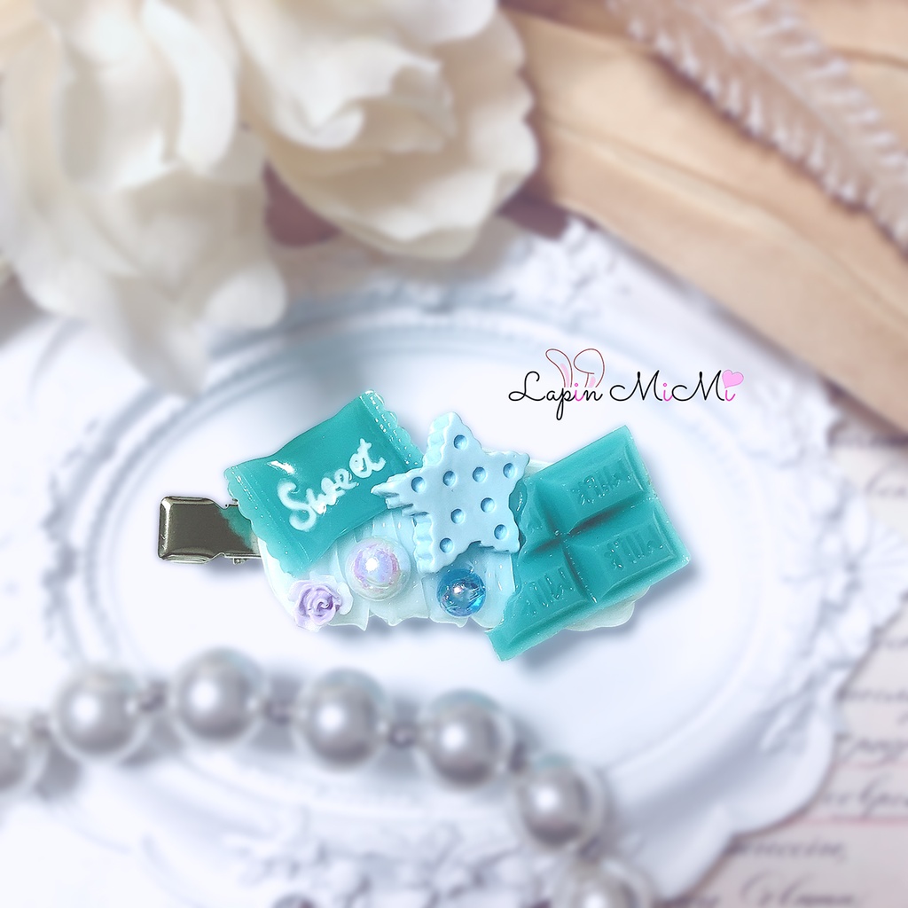 クリア ホイップデコ お菓子 チョコ VD ピンク 水色 ヘアクリップ 2点セット ハンドメイド