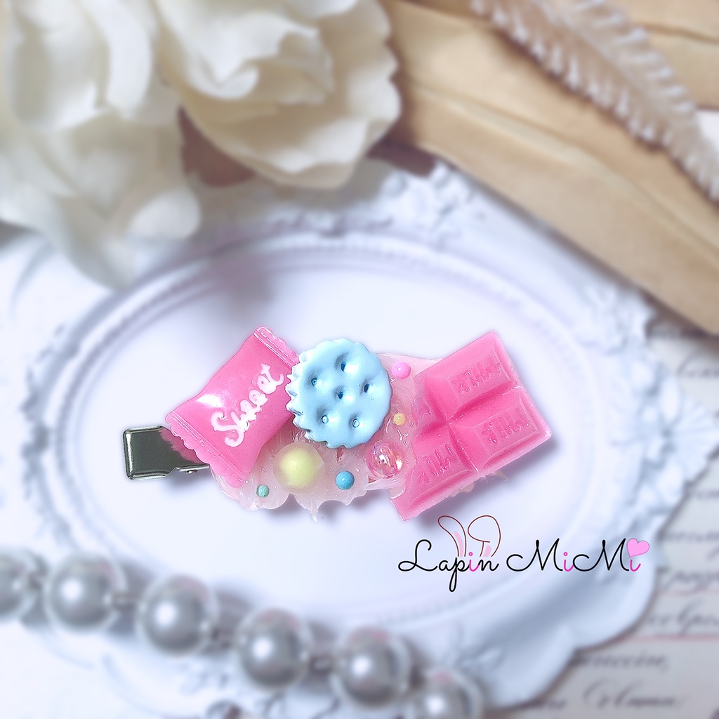 クリア ホイップデコ お菓子 チョコ VD ピンク 水色 ヘアクリップ 2点セット ハンドメイド