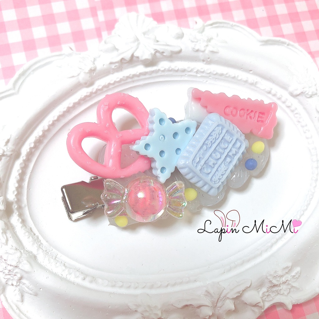クリア ホイップデコ プレッチェル チョコ 崛起 お菓子 ピンク 水色 ヘアクリップ 2点セット ハンドメイド