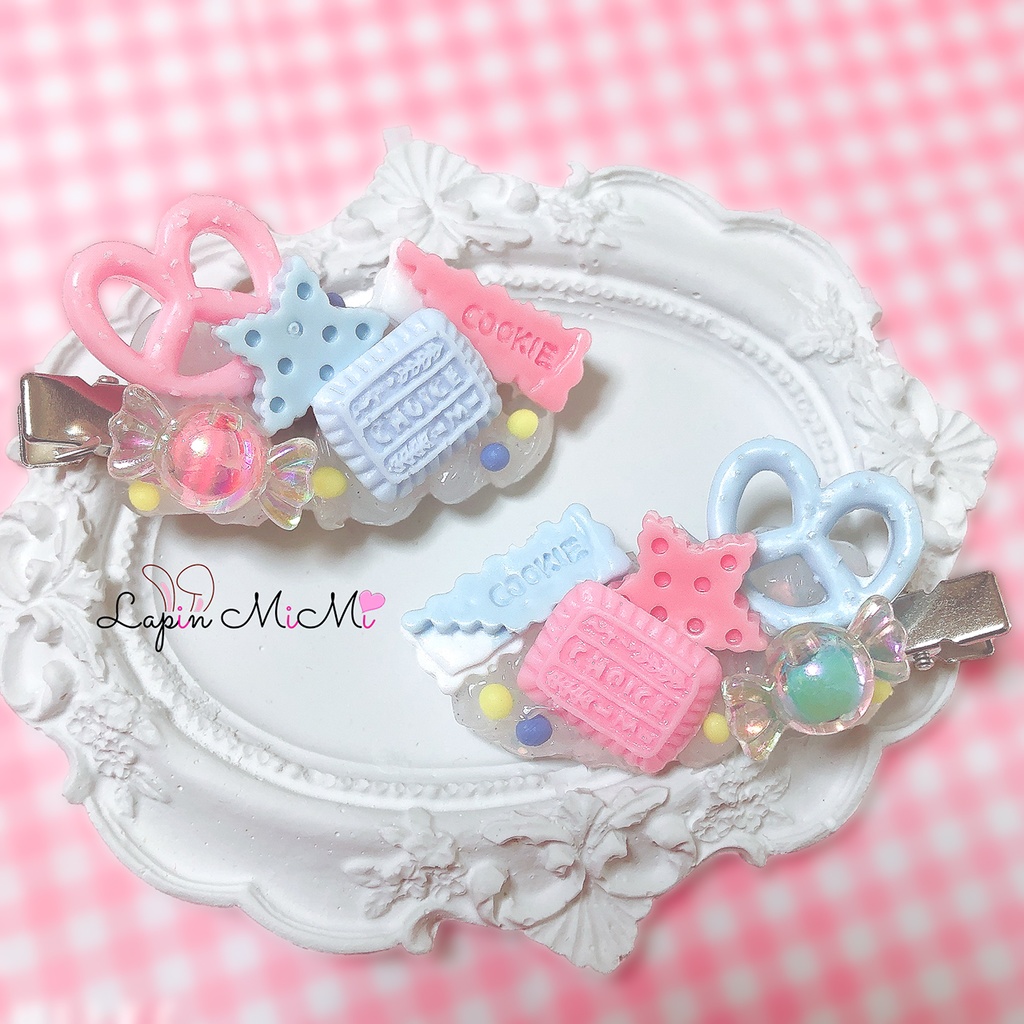 クリア ホイップデコ プレッチェル チョコ 崛起 お菓子 ピンク 水色 ヘアクリップ 2点セット ハンドメイド