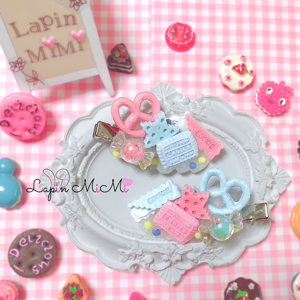 クリア ホイップデコ プレッチェル チョコ 崛起 お菓子 ピンク 水色 ヘアクリップ 2点セット ハンドメイド