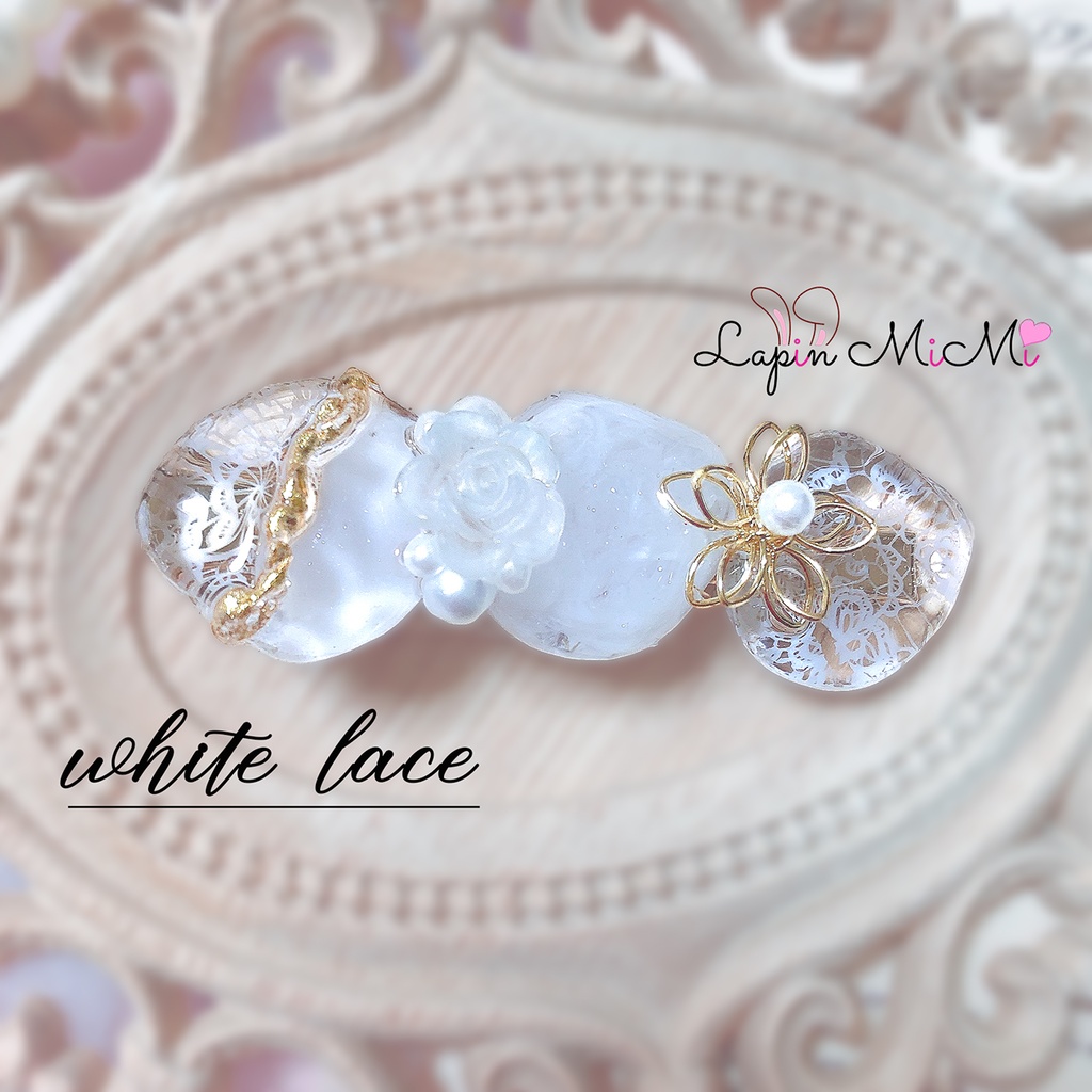 レース ラメ入り 高見え ゴールド ぷっくり ヘアクリップ ホワイト レジン ハンドメイド