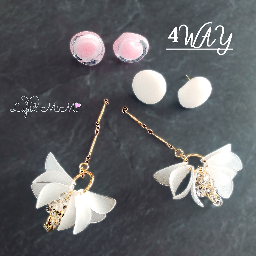 4WAY 上品 揺れる ピアス/イヤリング フラワー ゴールド ピンク ホワイト レジン ハンドメイド
