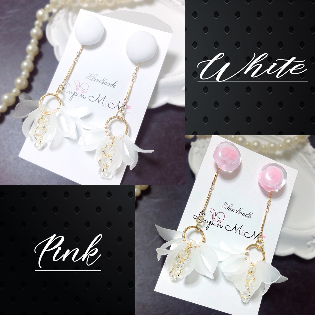 4WAY 上品 揺れる ピアス/イヤリング フラワー ゴールド ピンク ホワイト レジン ハンドメイド