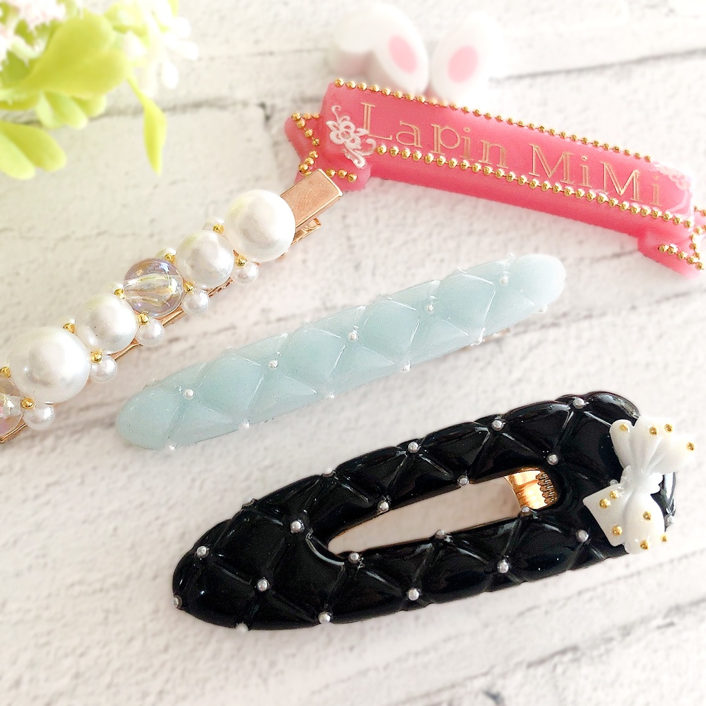 キルティング 3点セット ヘアクリップ パール ガラスビーズ リボン 上品 普段使い きれいめ ヘアピン レジン 黒 白 水色