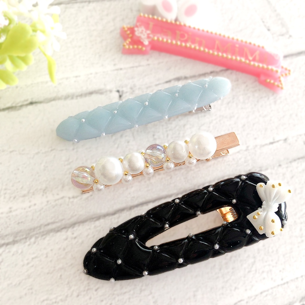 キルティング 3点セット ヘアクリップ パール ガラスビーズ リボン 上品 普段使い きれいめ ヘアピン レジン 黒 白 水色
