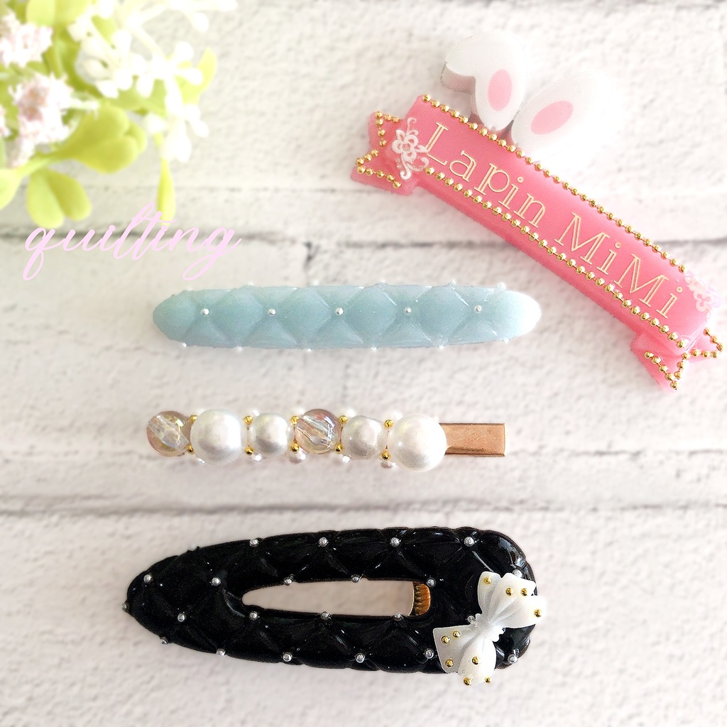 キルティング 3点セット ヘアクリップ パール ガラスビーズ リボン 上品 普段使い きれいめ ヘアピン レジン 黒 白 水色
