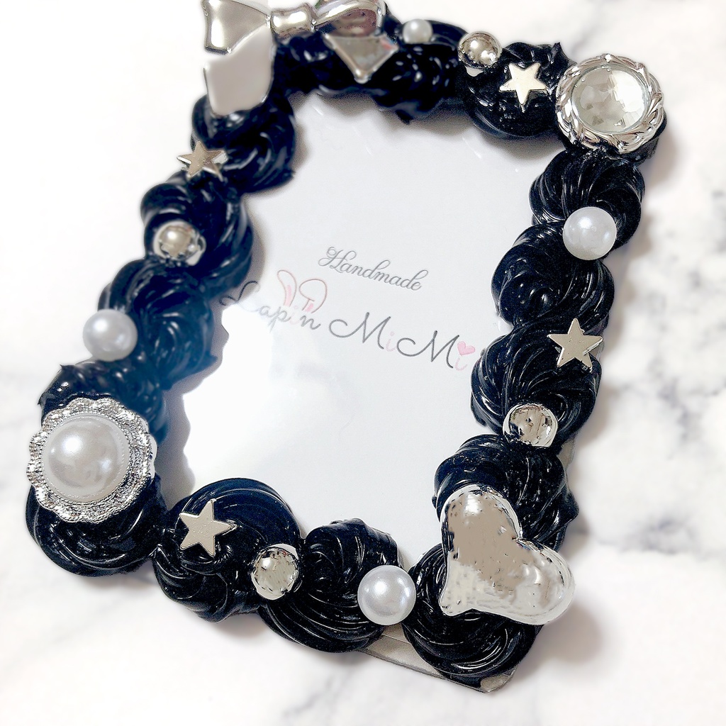 黒 シルバー ホイップデコ 硬質トレカケース チェキ 大人可愛い リボン モノトーン かっこいい ケース