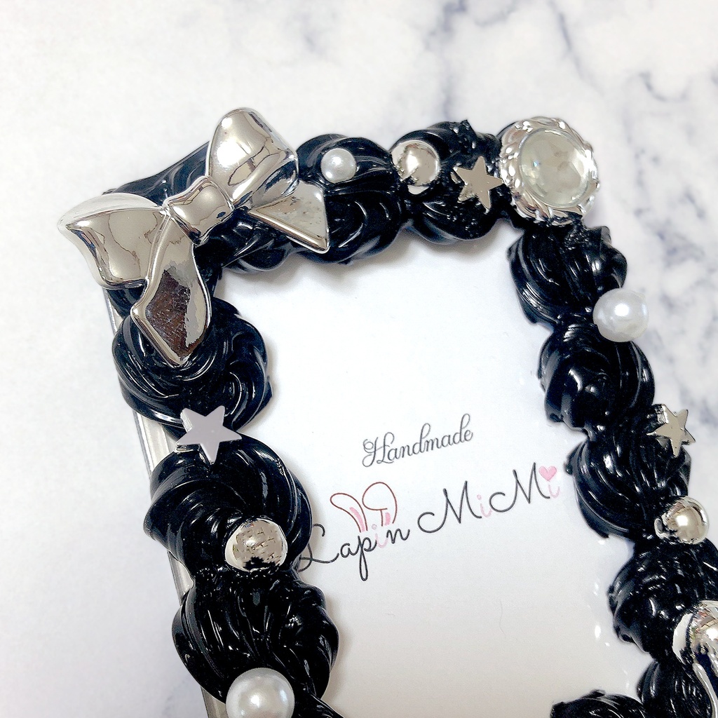 黒 シルバー ホイップデコ 硬質トレカケース チェキ 大人可愛い リボン モノトーン かっこいい ケース