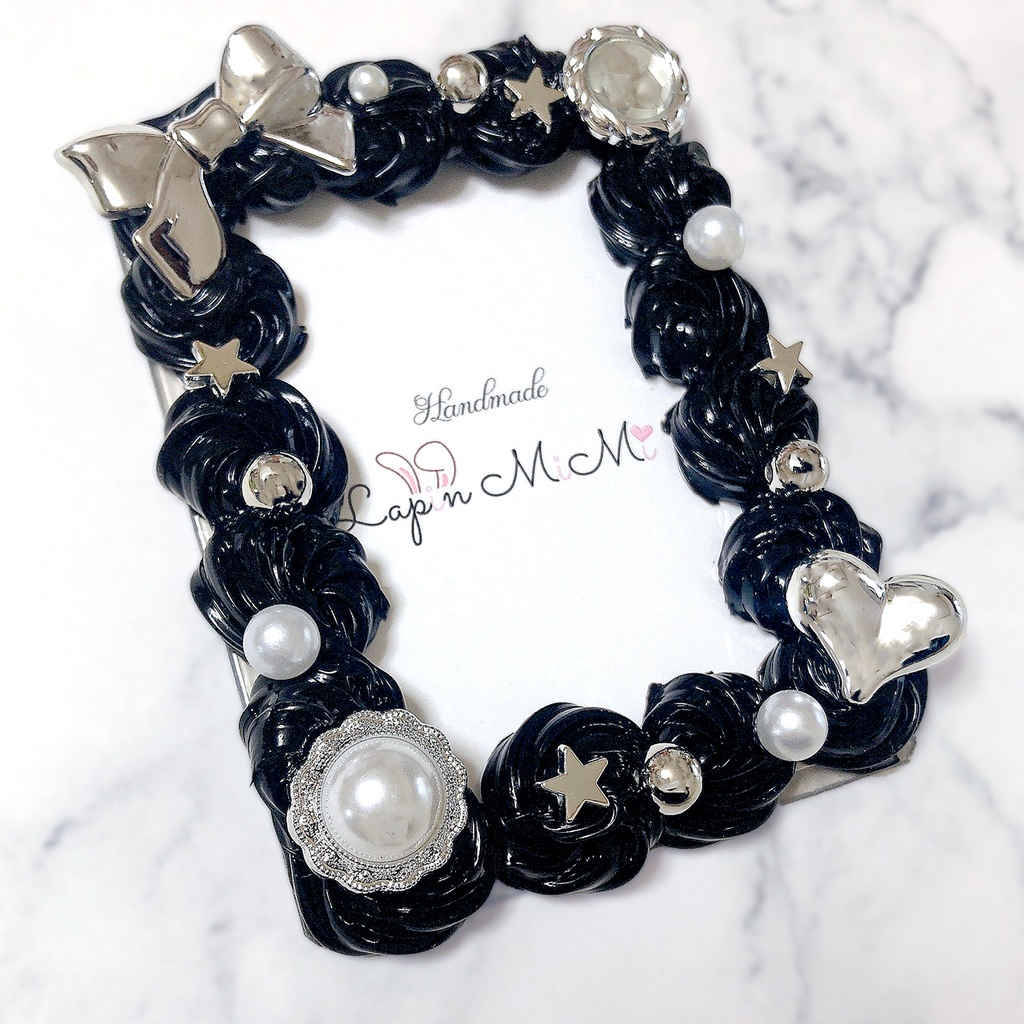 黒 シルバー ホイップデコ 硬質トレカケース チェキ 大人可愛い リボン モノトーン かっこいい ケース