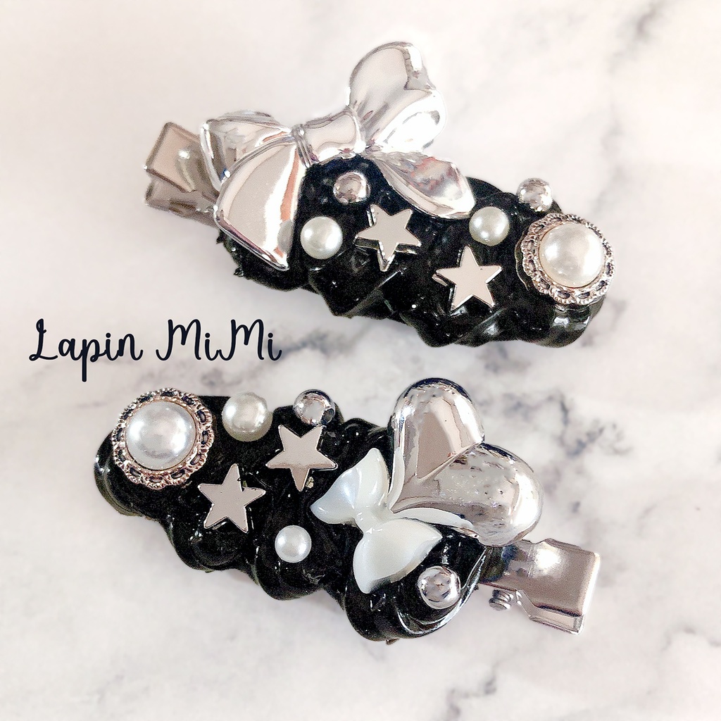 黒 シルバー ホイップデコ 2点セット ヘアクリップ 白 スター リボン ヘアピン