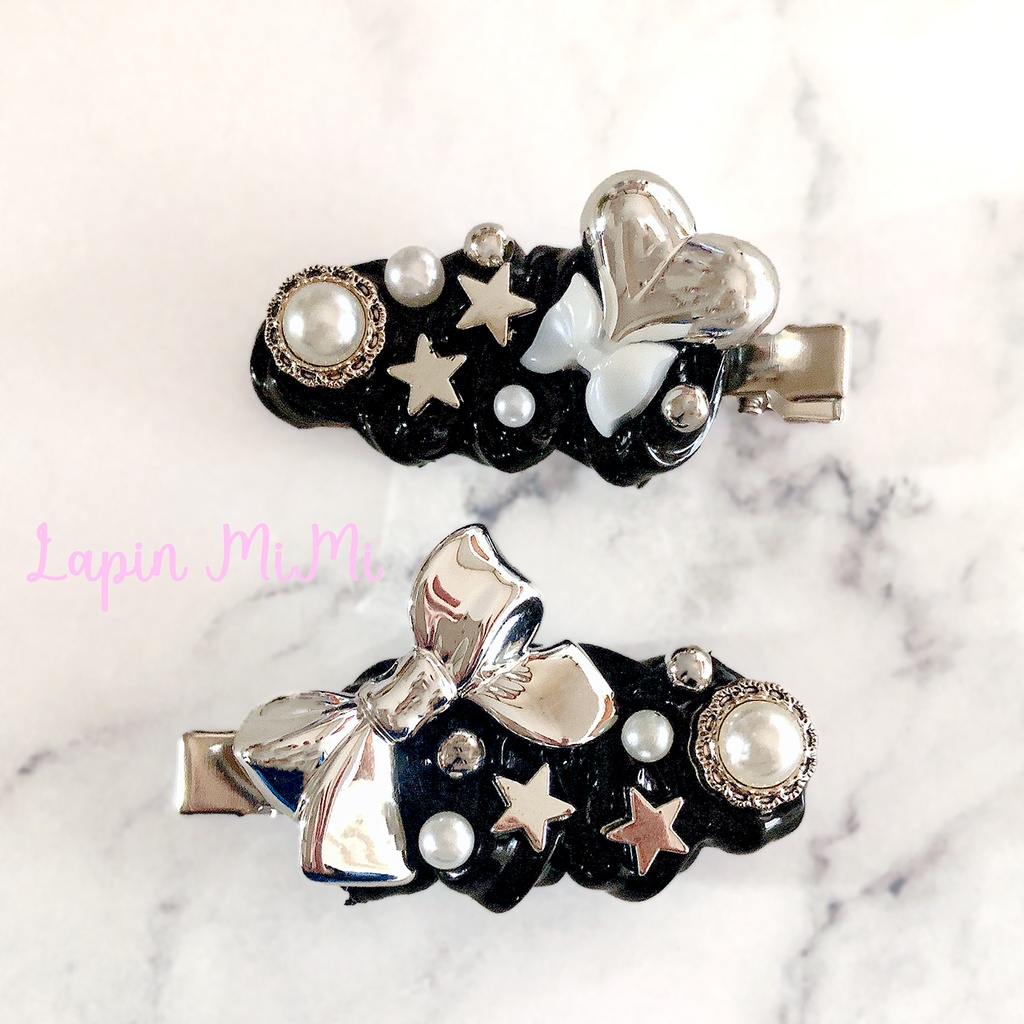 黒 シルバー ホイップデコ 2点セット ヘアクリップ 白 スター リボン ヘアピン