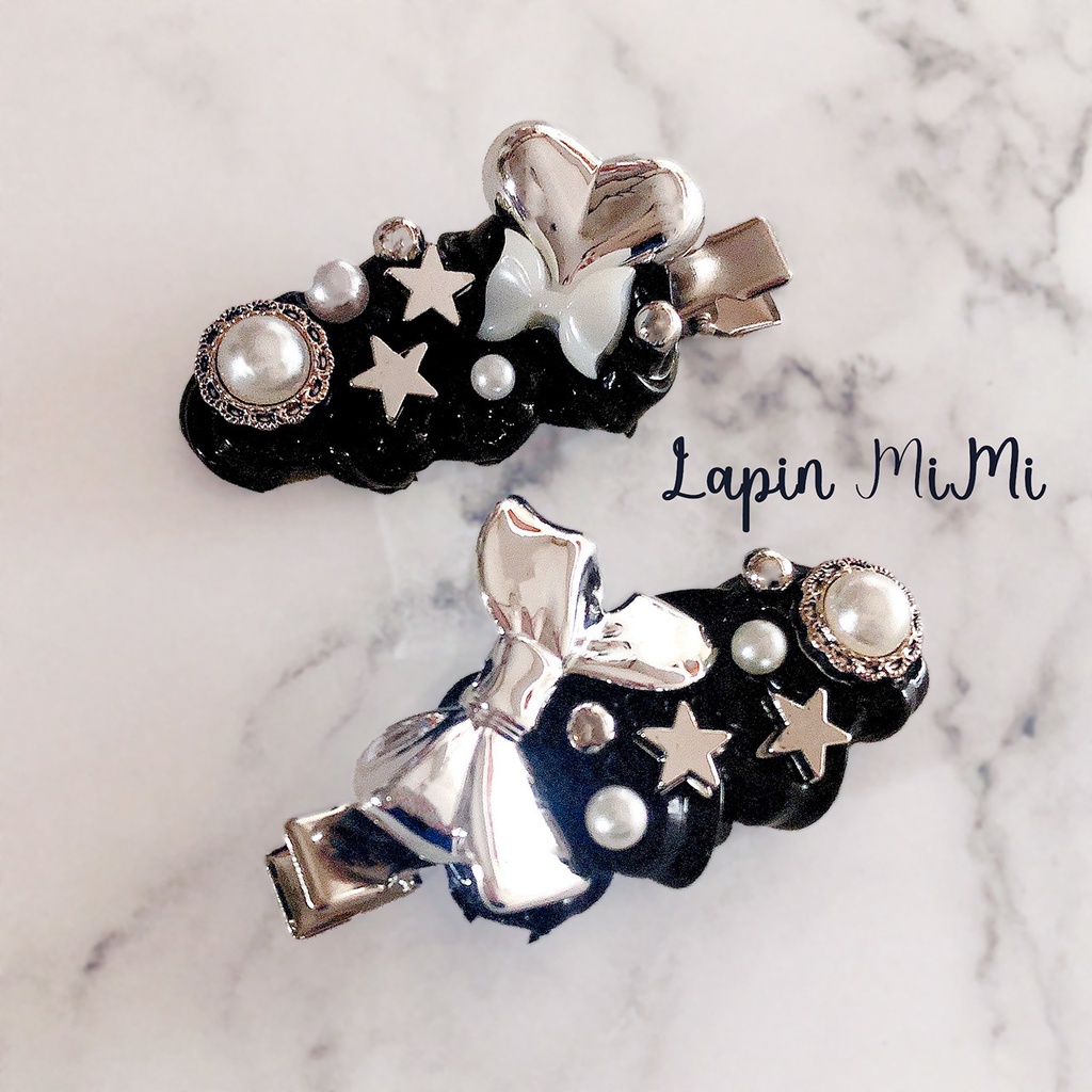 黒 シルバー ホイップデコ 2点セット ヘアクリップ 白 スター リボン ヘアピン