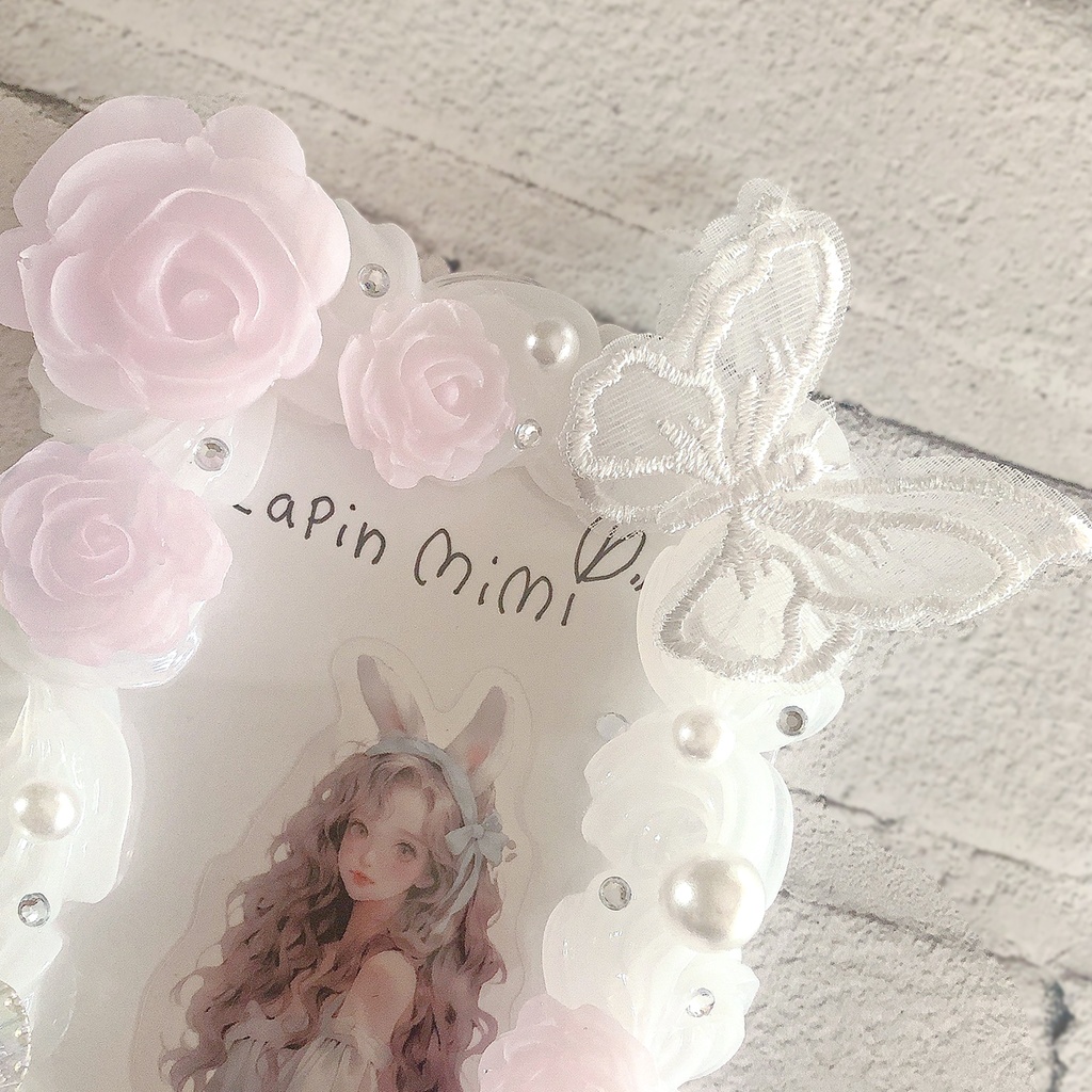 クリア ピンク ホイップデコ 硬質トレカケース チェキ レース 蝶 ふんわり かわいい ケース