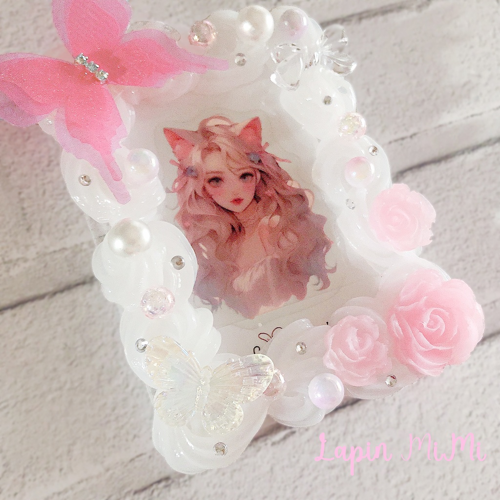 ホイップデコ 硬質トレカケース チェキ ピンク 蝶 薔薇 クリア パール ふんわり かわいいケース