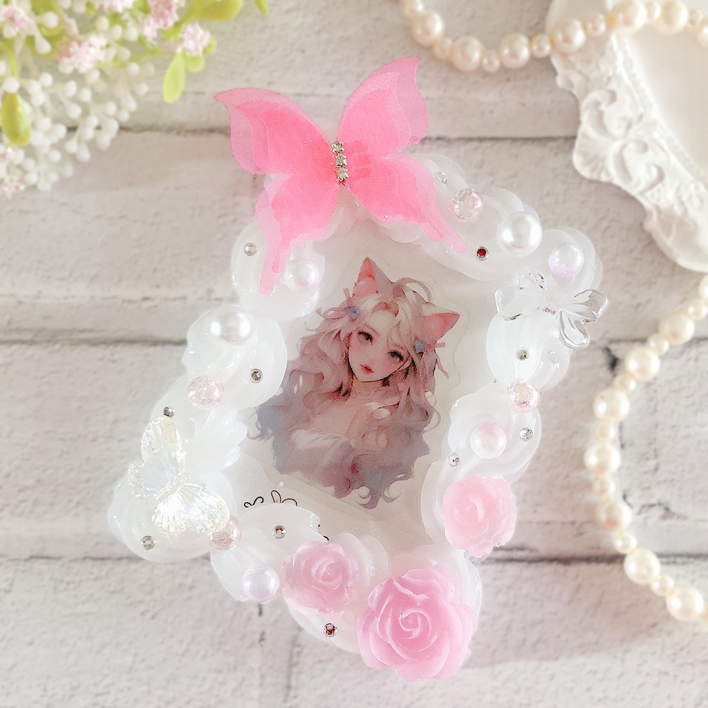 ホイップデコ 硬質トレカケース チェキ ピンク 蝶 薔薇 クリア パール ふんわり かわいいケース