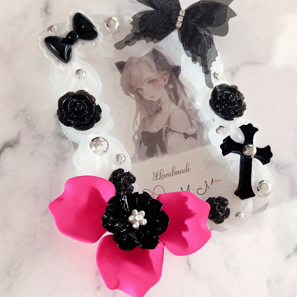 ホイップデコ 硬質トレカケース チェキ 黒 ピンク シルバー ゴシック 十字架 リボン ケース