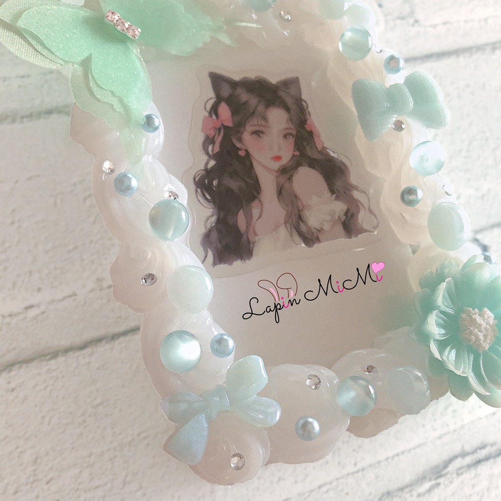 【受注製作】ホイップデコ 硬質トレカケース チェキ ミントブルー シフォン 蝶 リボン バブル ケース