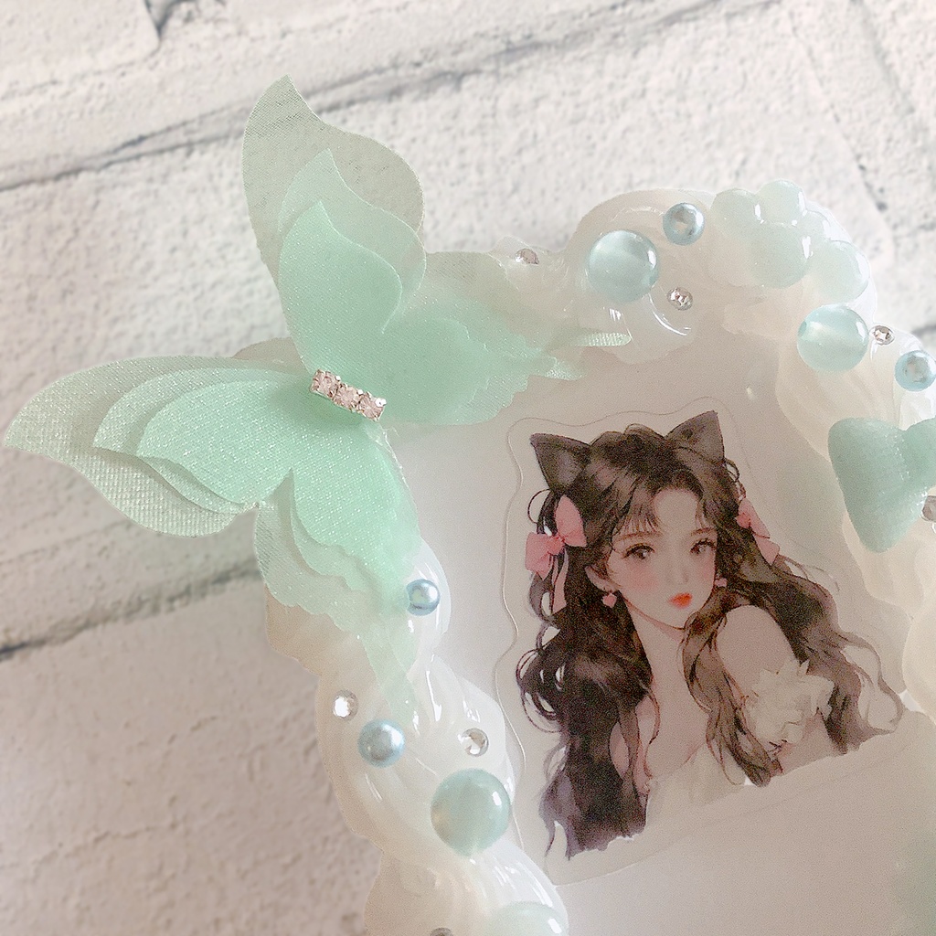 【受注製作】ホイップデコ 硬質トレカケース チェキ ミントブルー シフォン 蝶 リボン バブル ケース