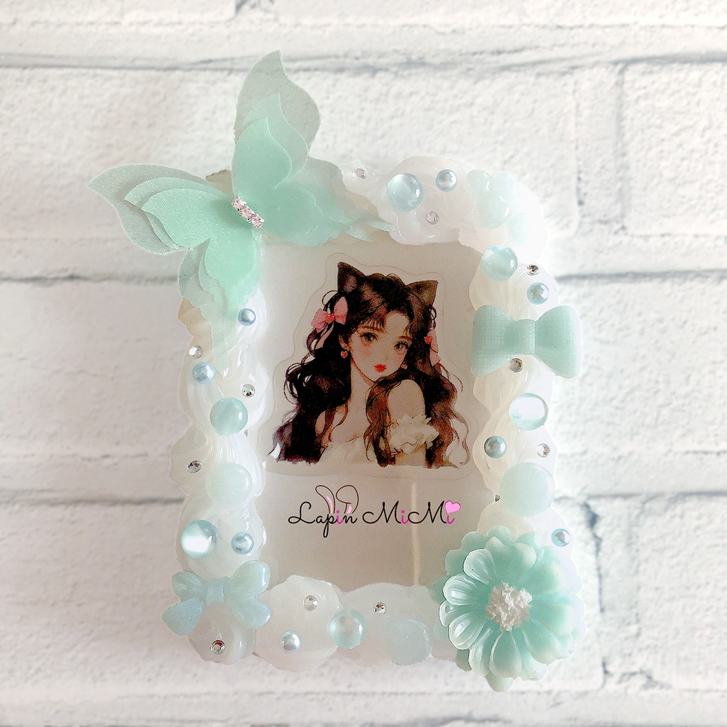 【受注製作】ホイップデコ 硬質トレカケース チェキ ミントブルー シフォン 蝶 リボン バブル ケース