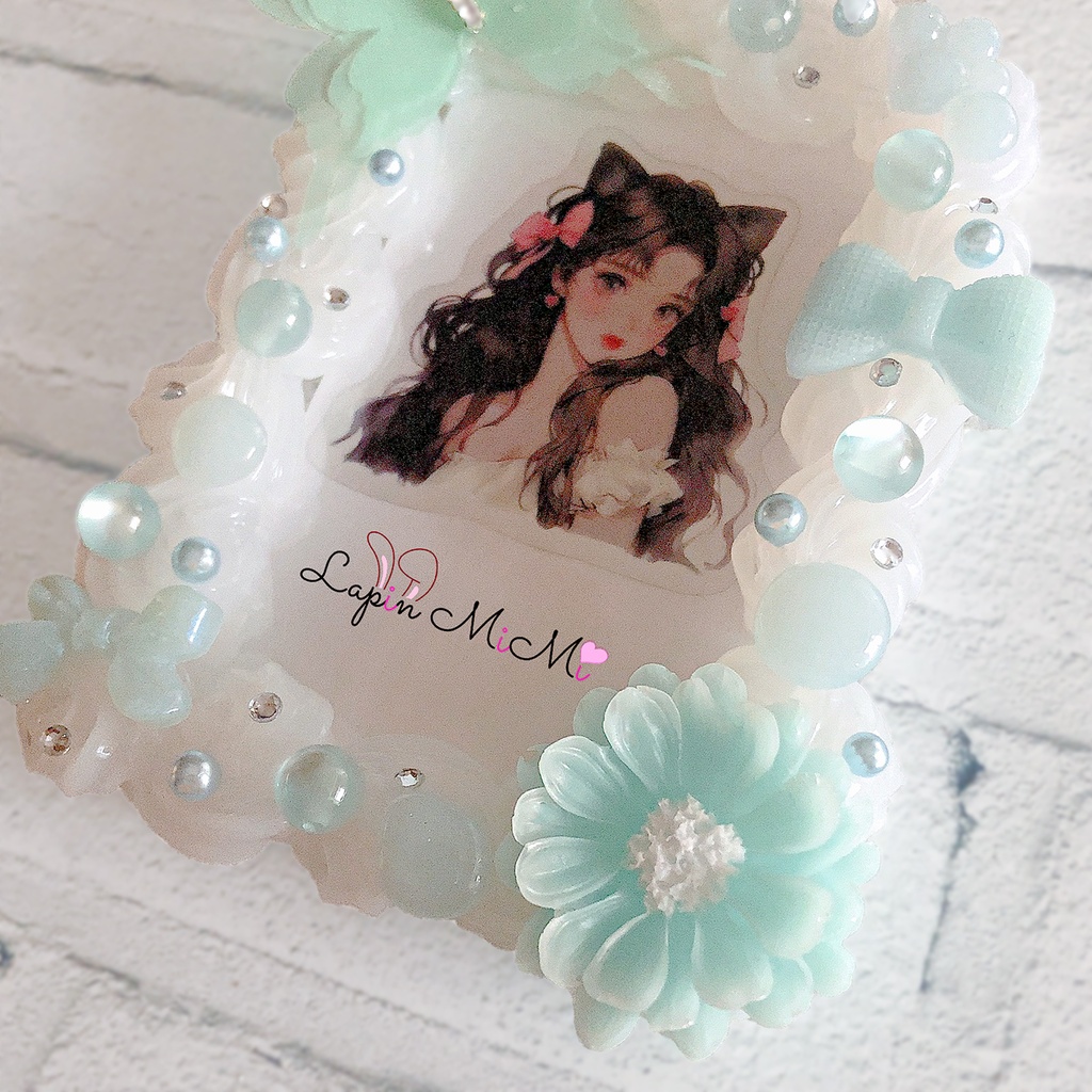 【受注製作】ホイップデコ 硬質トレカケース チェキ ミントブルー シフォン 蝶 リボン バブル ケース