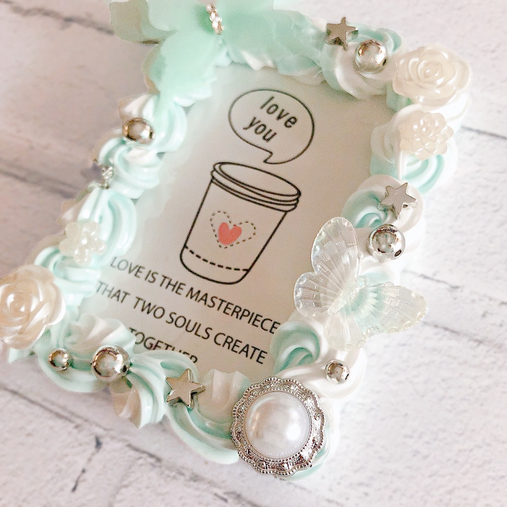 ツートン ホイップデコ 硬質 トレカケース チェキ 水色 白 ミックス 蝶 薔薇 ふんわり かわいい ケース