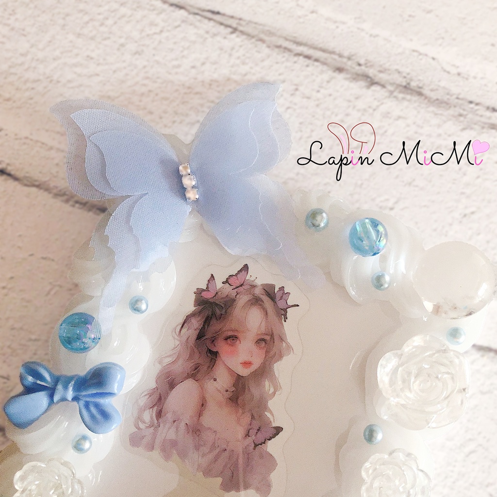 ブルー ホイップデコ 硬質トレカケース チェキ 蝶 花 薔薇 クリア きれいめ ケース