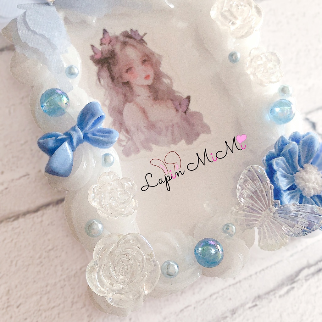 ブルー ホイップデコ 硬質トレカケース チェキ 蝶 花 薔薇 クリア きれいめ ケース