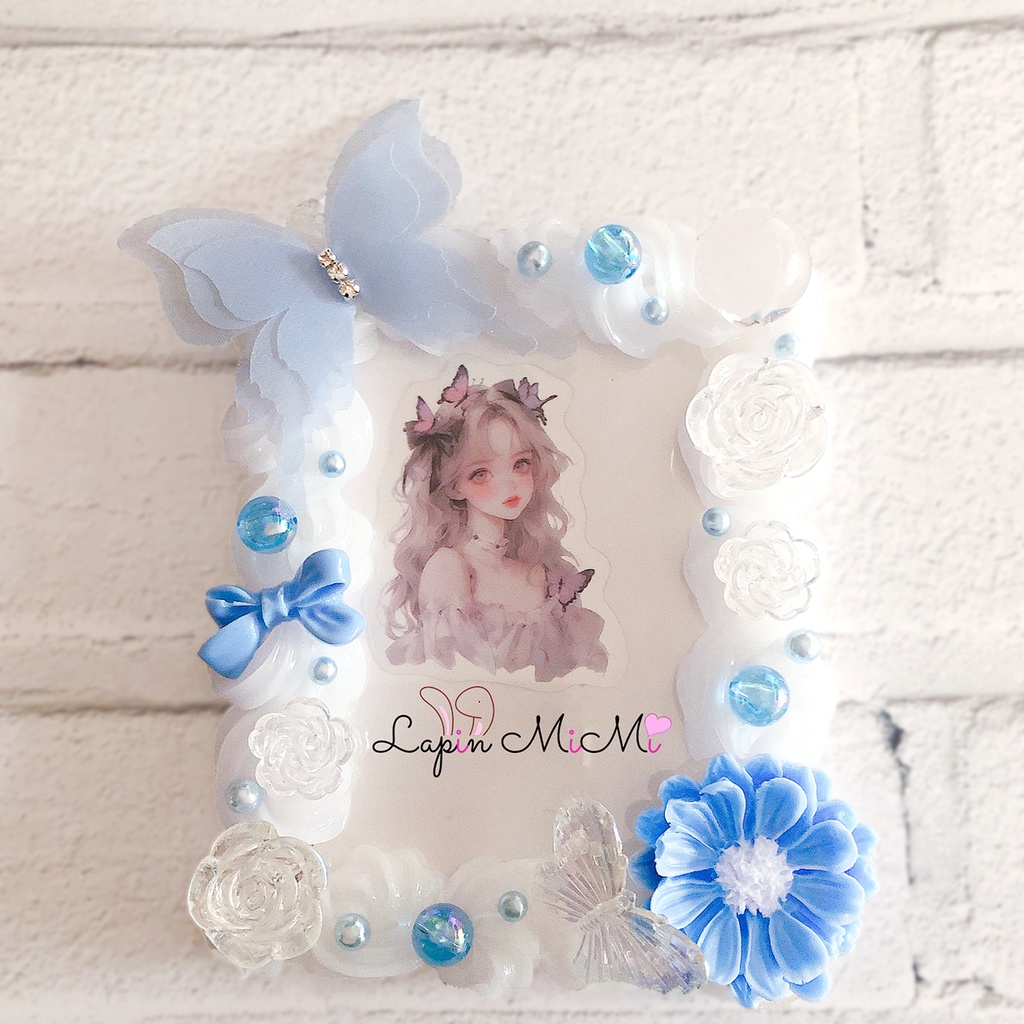 ブルー ホイップデコ 硬質トレカケース チェキ 蝶 花 薔薇 クリア きれいめ ケース