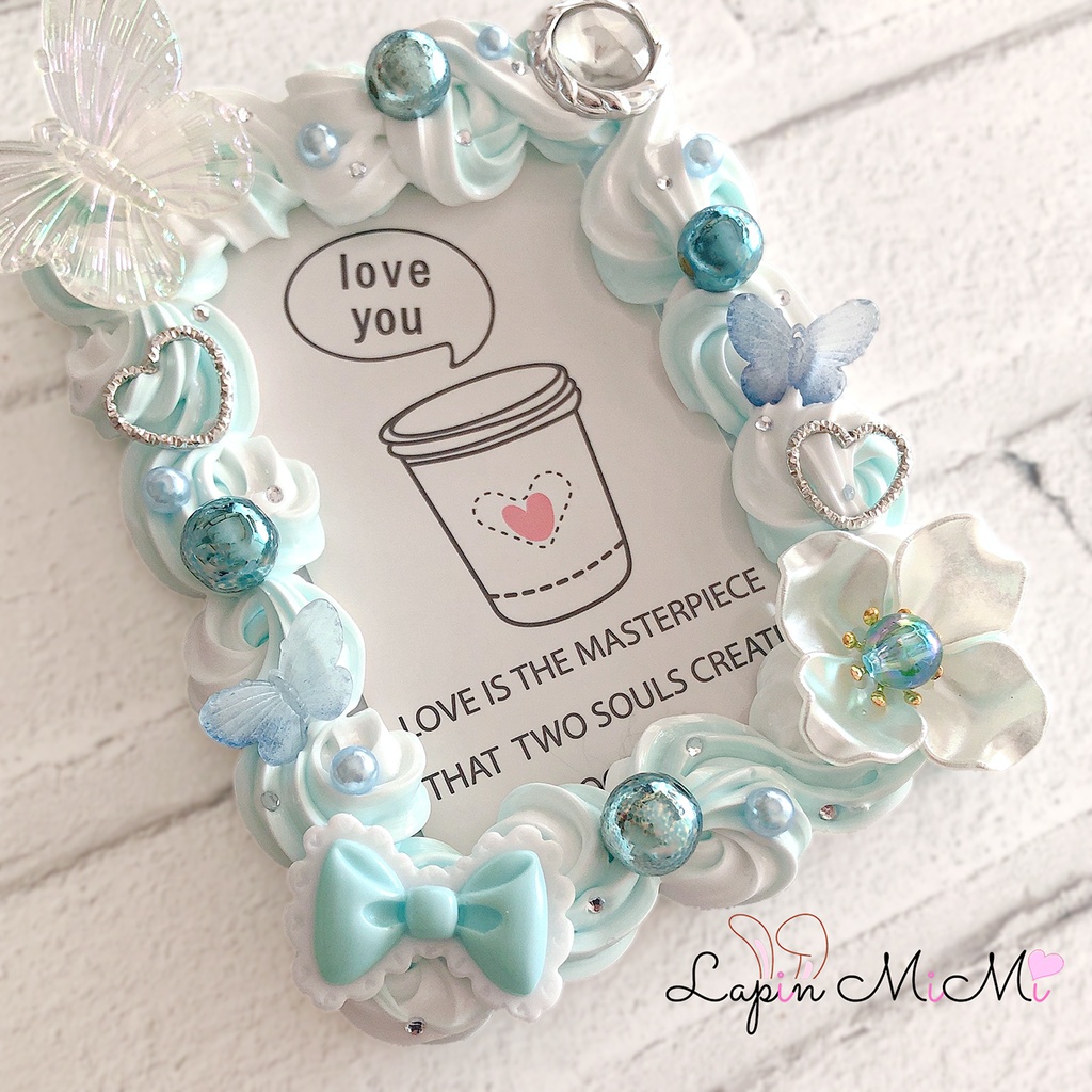 ホイップデコ 硬質トレカケース 白 水色 ツートン 蝶 花 リボン パール 盛り盛り ケース チェキ