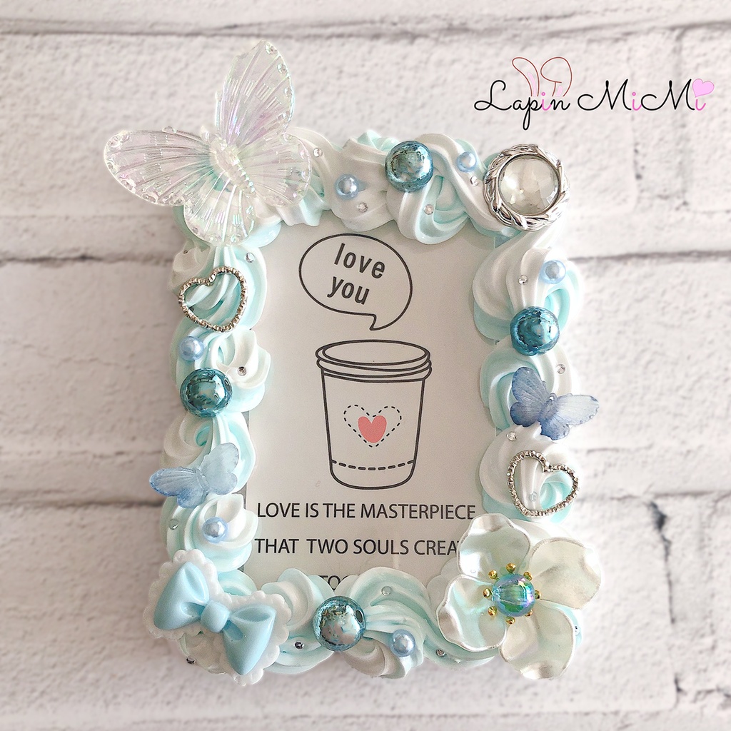 ホイップデコ 硬質トレカケース 白 水色 ツートン 蝶 花 リボン パール 盛り盛り ケース チェキ