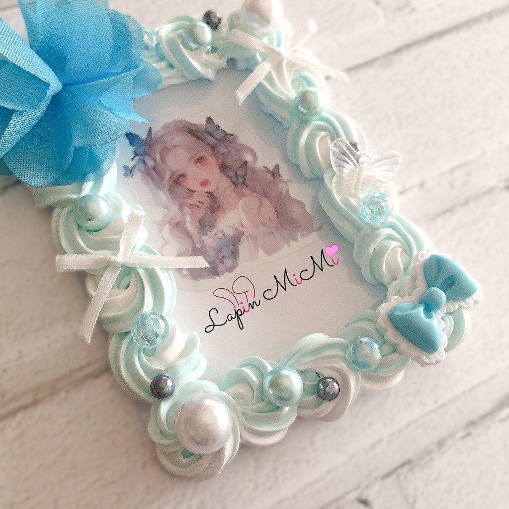 水色 白 ツートン ホイップデコ 硬質トレカケース チェキ シフォン フラワー リボン 蝶 ふんわり ミントブルー ケース