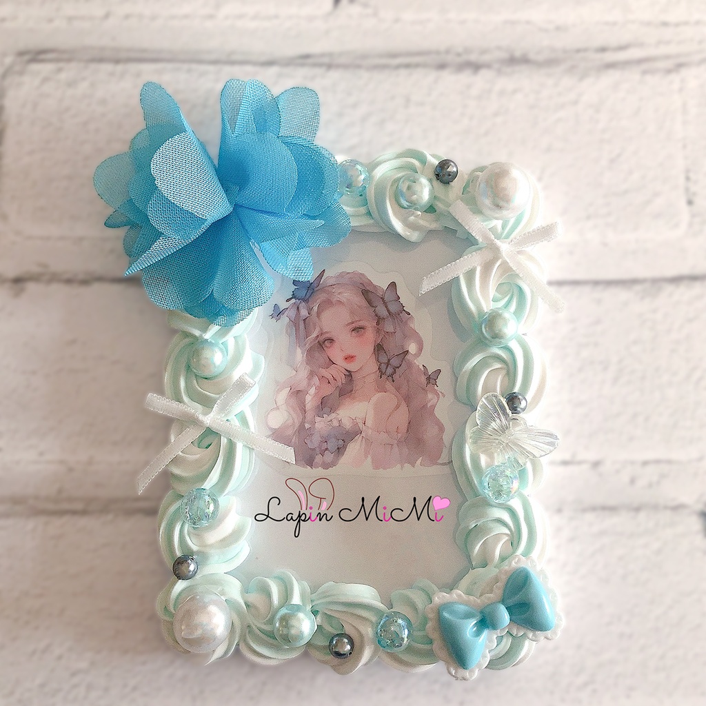 水色 白 ツートン ホイップデコ 硬質トレカケース チェキ シフォン フラワー リボン 蝶 ふんわり ミントブルー ケース