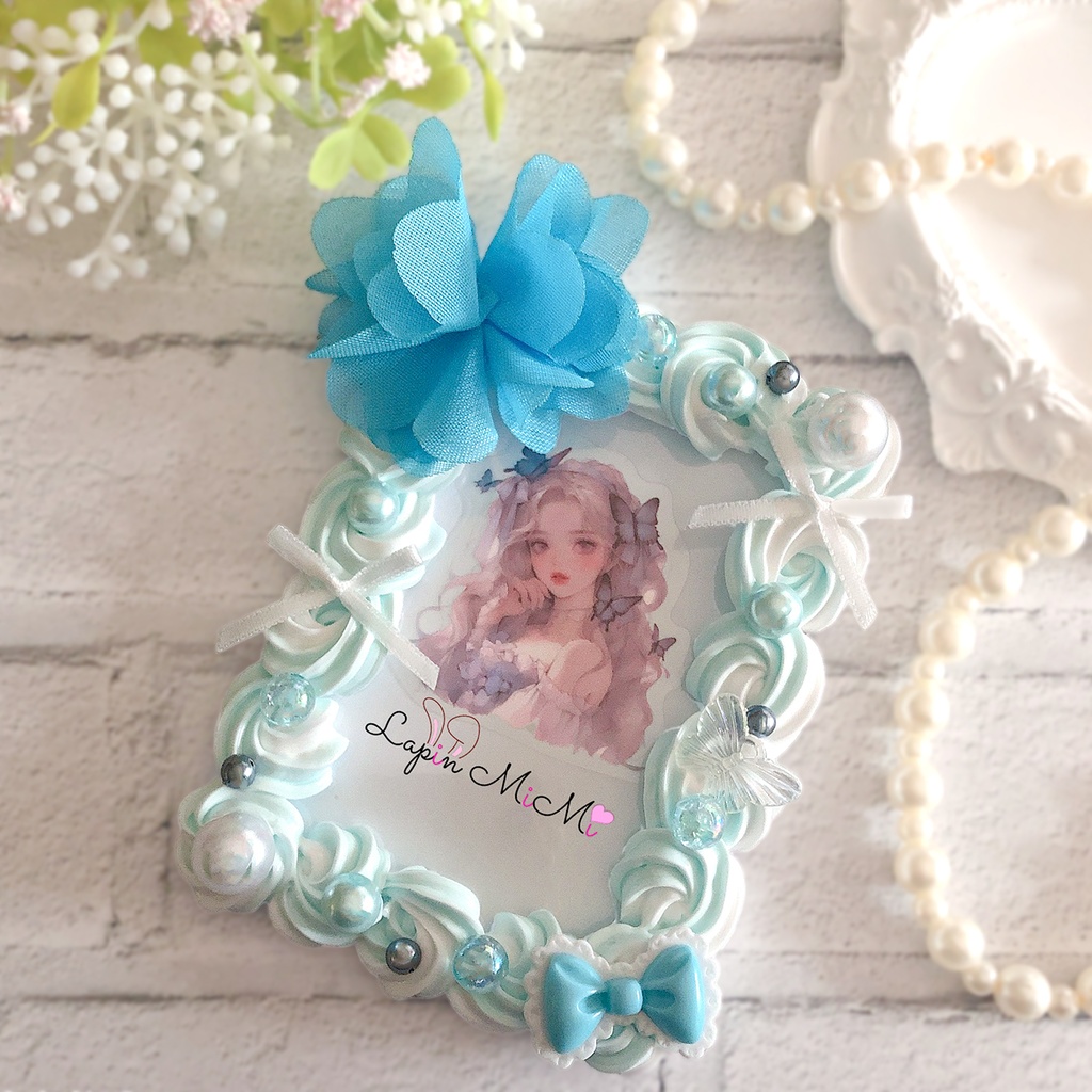 水色 白 ツートン ホイップデコ 硬質トレカケース チェキ シフォン フラワー リボン 蝶 ふんわり ミントブルー ケース