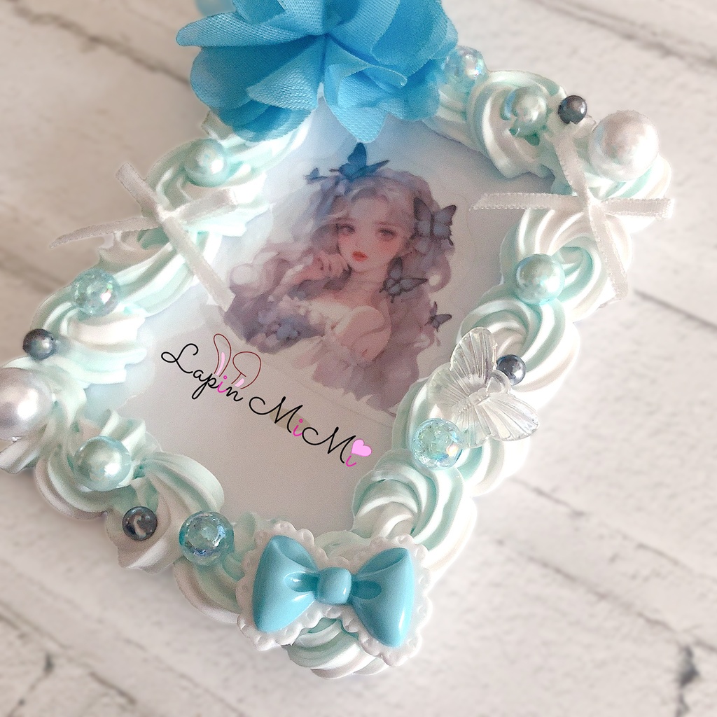 水色 白 ツートン ホイップデコ 硬質トレカケース チェキ シフォン フラワー リボン 蝶 ふんわり ミントブルー ケース