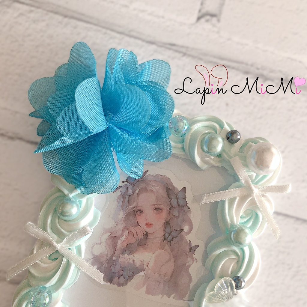 水色 白 ツートン ホイップデコ 硬質トレカケース チェキ シフォン フラワー リボン 蝶 ふんわり ミントブルー ケース