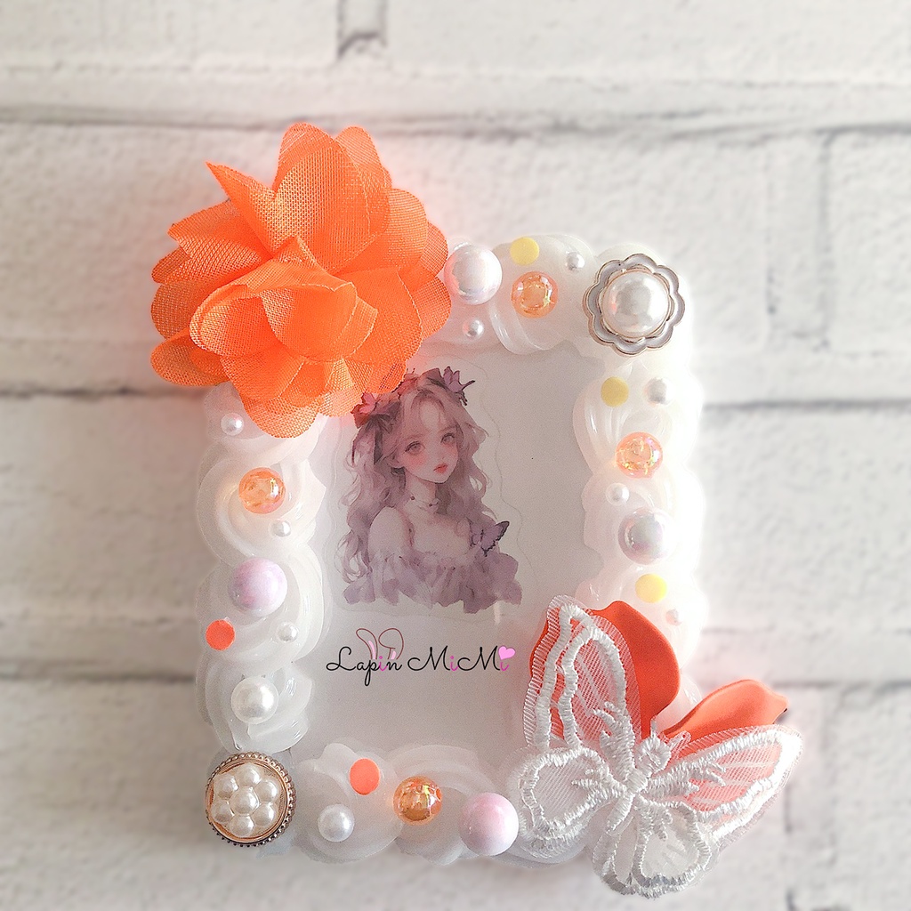 【オーダー受注】オレンジ ホイップデコ 硬質トレカケース シフォン ふんわり レース 蝶 かわいい ケース チェキ