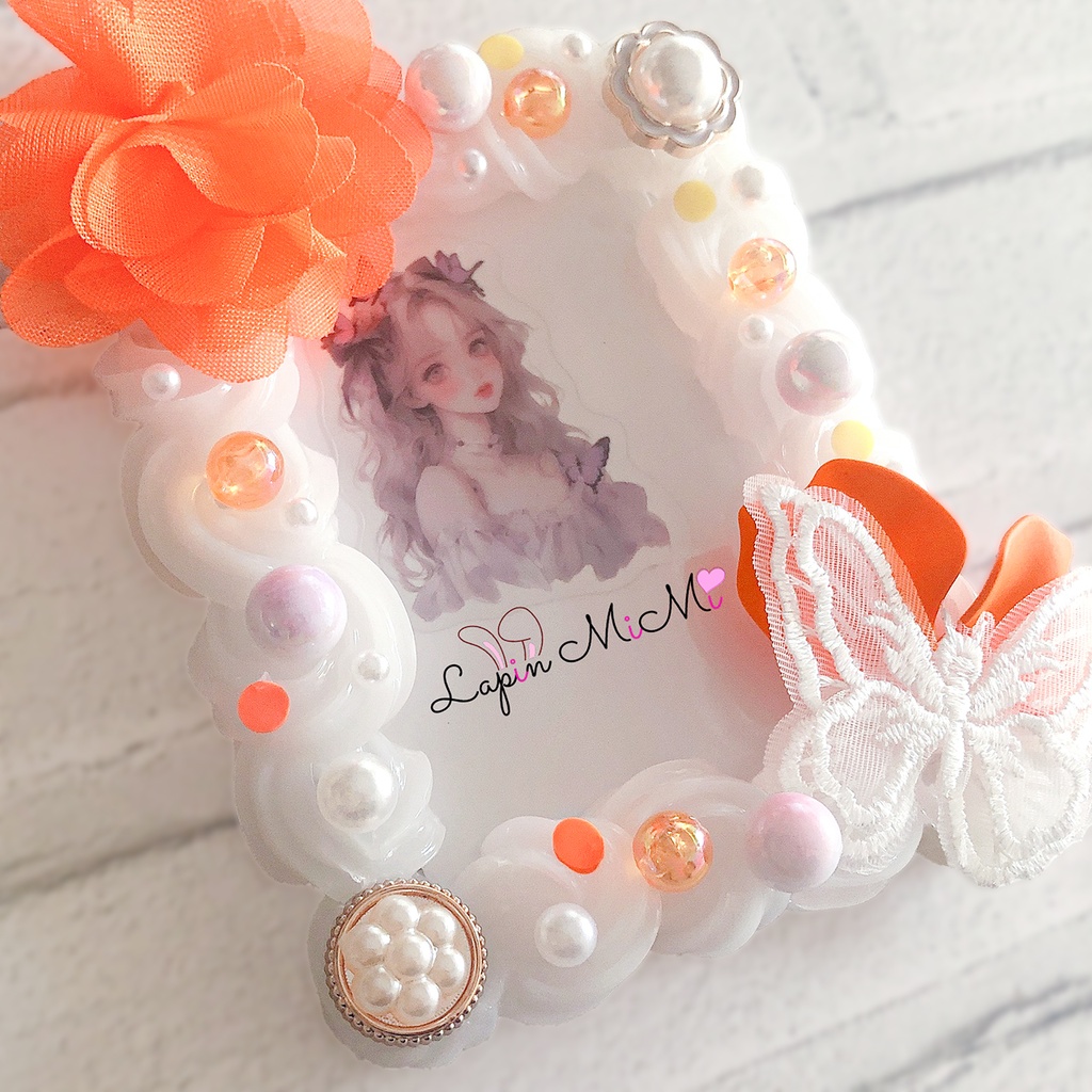 【オーダー受注】オレンジ ホイップデコ 硬質トレカケース シフォン ふんわり レース 蝶 かわいい ケース チェキ