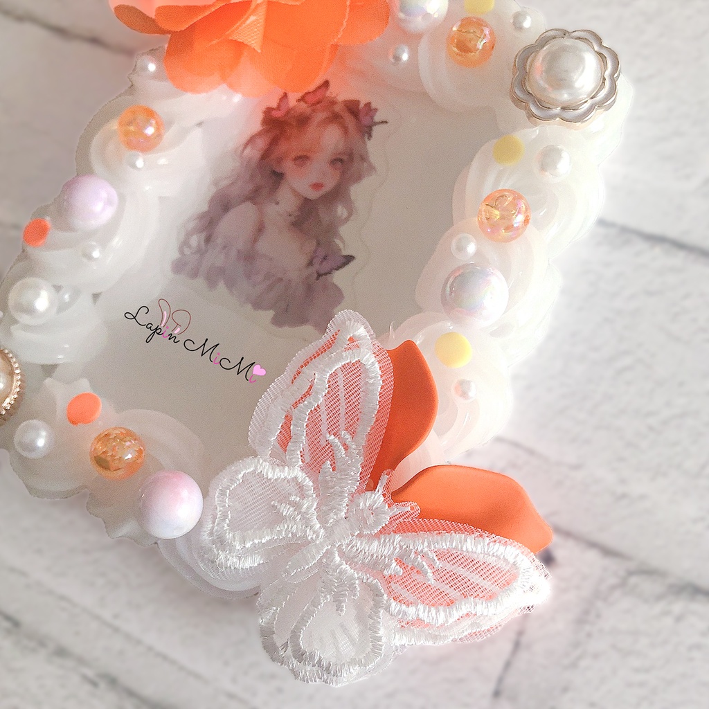 【オーダー受注】オレンジ ホイップデコ 硬質トレカケース シフォン ふんわり レース 蝶 かわいい ケース チェキ