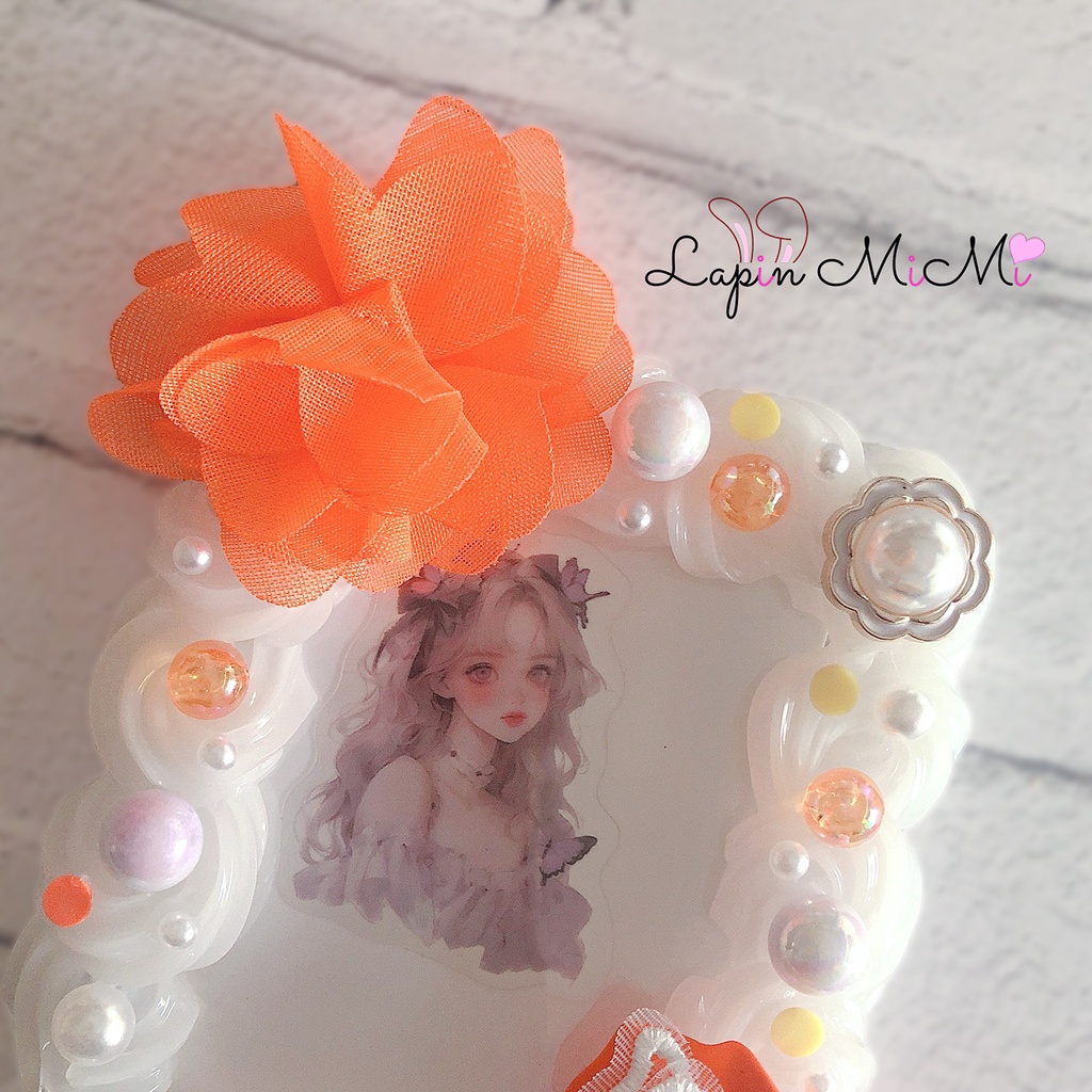 【オーダー受注】オレンジ ホイップデコ 硬質トレカケース シフォン ふんわり レース 蝶 かわいい ケース チェキ