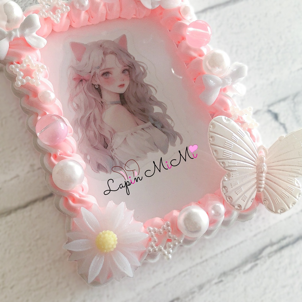 ピンク 白 ツートン ホイップデコ 硬質トレカケース 蝶 リボン 花 大人可愛い ケース チェキ パール