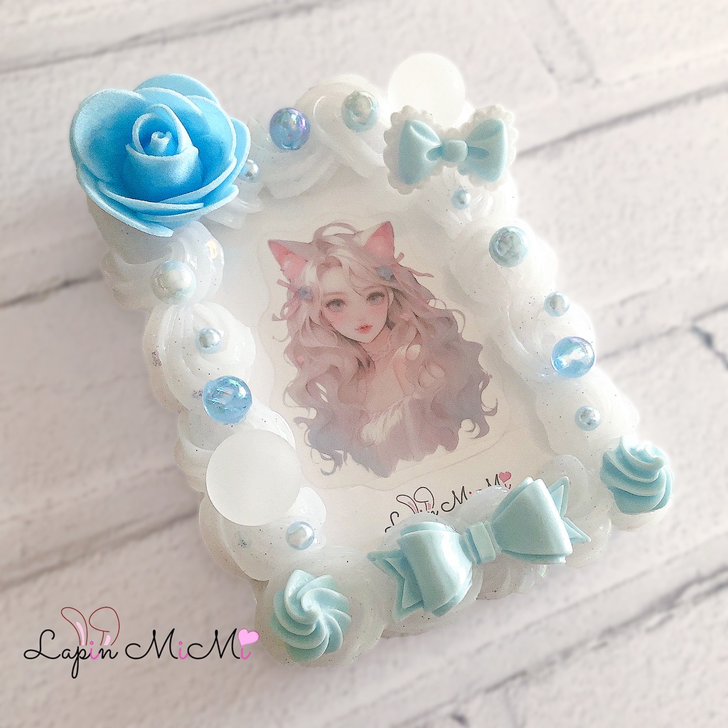 クリア ホイップデコ 硬質トレカケース チェキ ブルー 水色 ローズ リボン きれいめ ケース