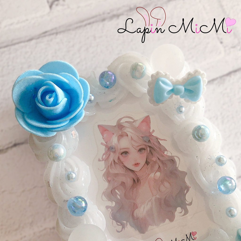 クリア ホイップデコ 硬質トレカケース チェキ ブルー 水色 ローズ リボン きれいめ ケース