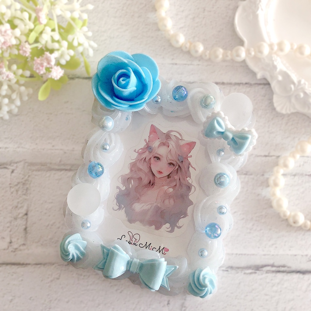 クリア ホイップデコ 硬質トレカケース チェキ ブルー 水色 ローズ リボン きれいめ ケース