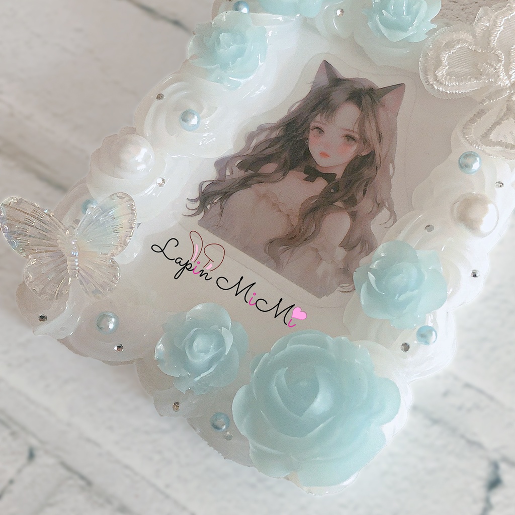 【受注製作】クリア ホイップデコ 硬質トレカケース レース 蝶 ローズ 水色 パール チェキ ふんわり かわいい ケース