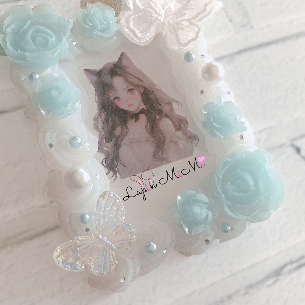 【受注製作】クリア ホイップデコ 硬質トレカケース レース 蝶 ローズ 水色 パール チェキ ふんわり かわいい ケース