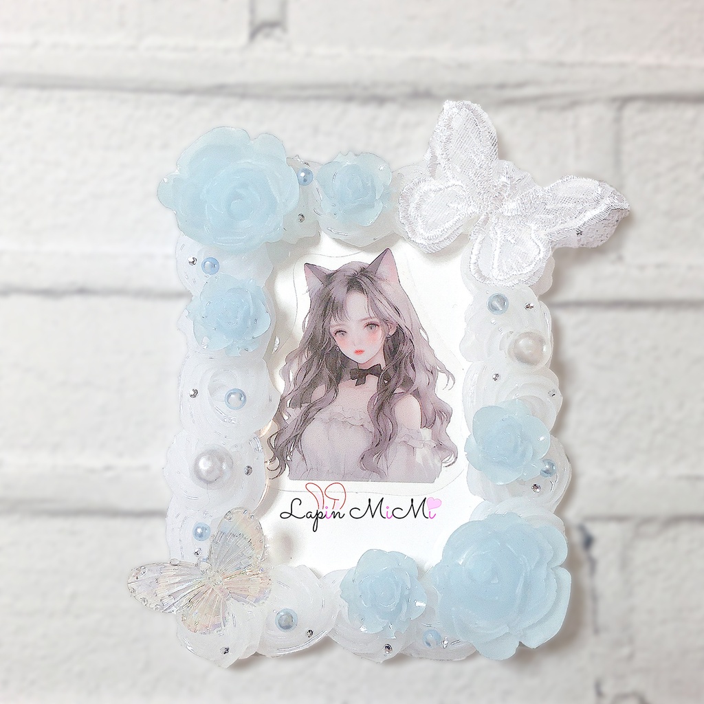 【受注製作】クリア ホイップデコ 硬質トレカケース レース 蝶 ローズ 水色 パール チェキ ふんわり かわいい ケース