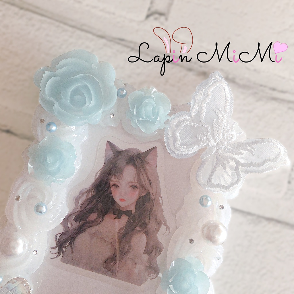 【受注製作】クリア ホイップデコ 硬質トレカケース レース 蝶 ローズ 水色 パール チェキ ふんわり かわいい ケース