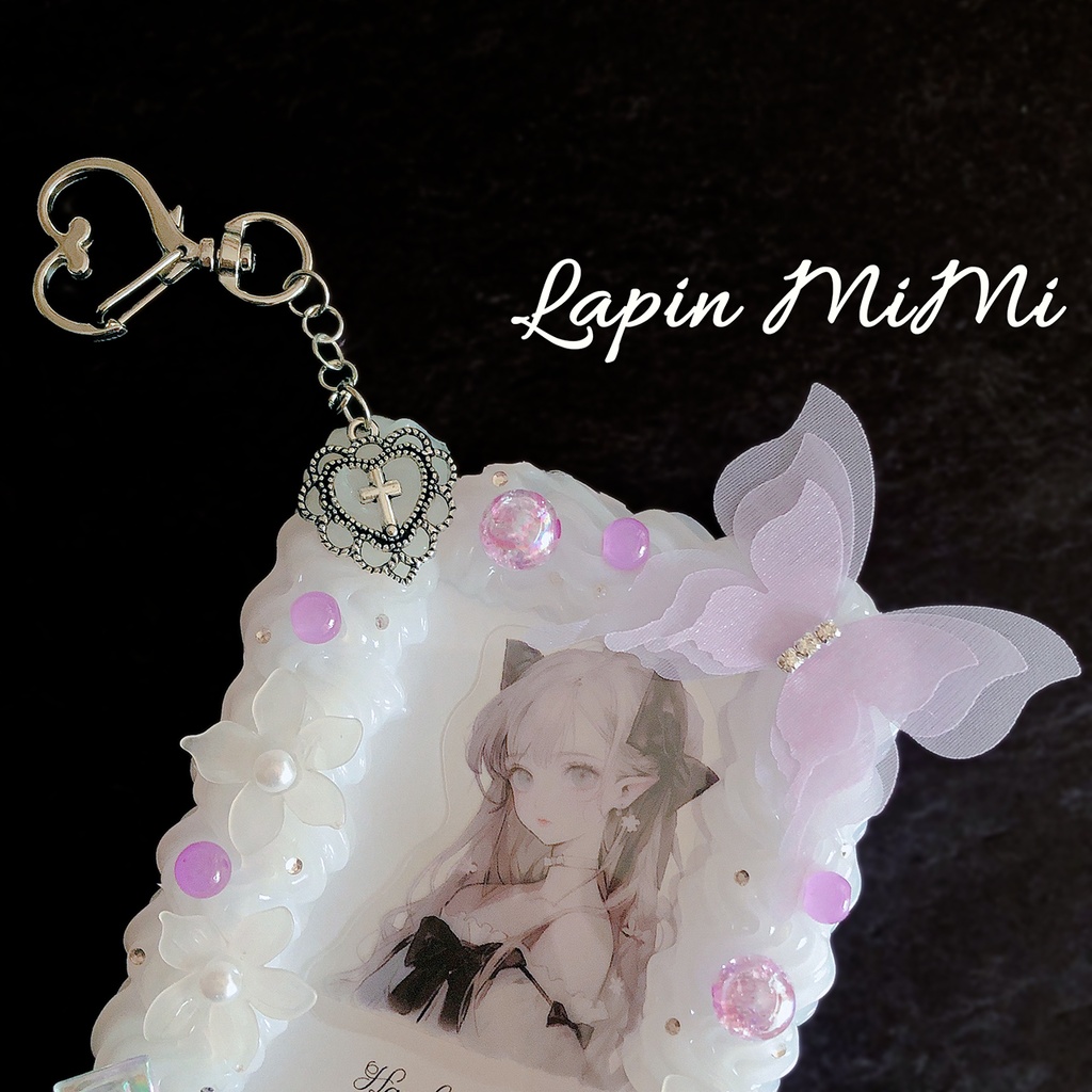 バッグチャーム ホイップデコ 硬質トレカケース パープル シルバー シフォン 上品 カード入れ チェキ ケース